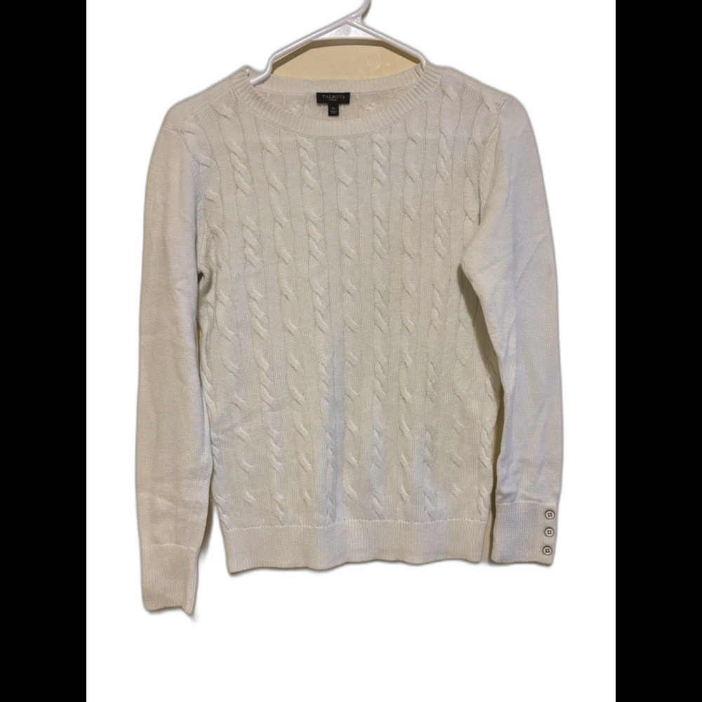 Talbots Sweater Top Womens SP Ivory Linen Cotton Cable Knit Pointelle Cap Sleeve